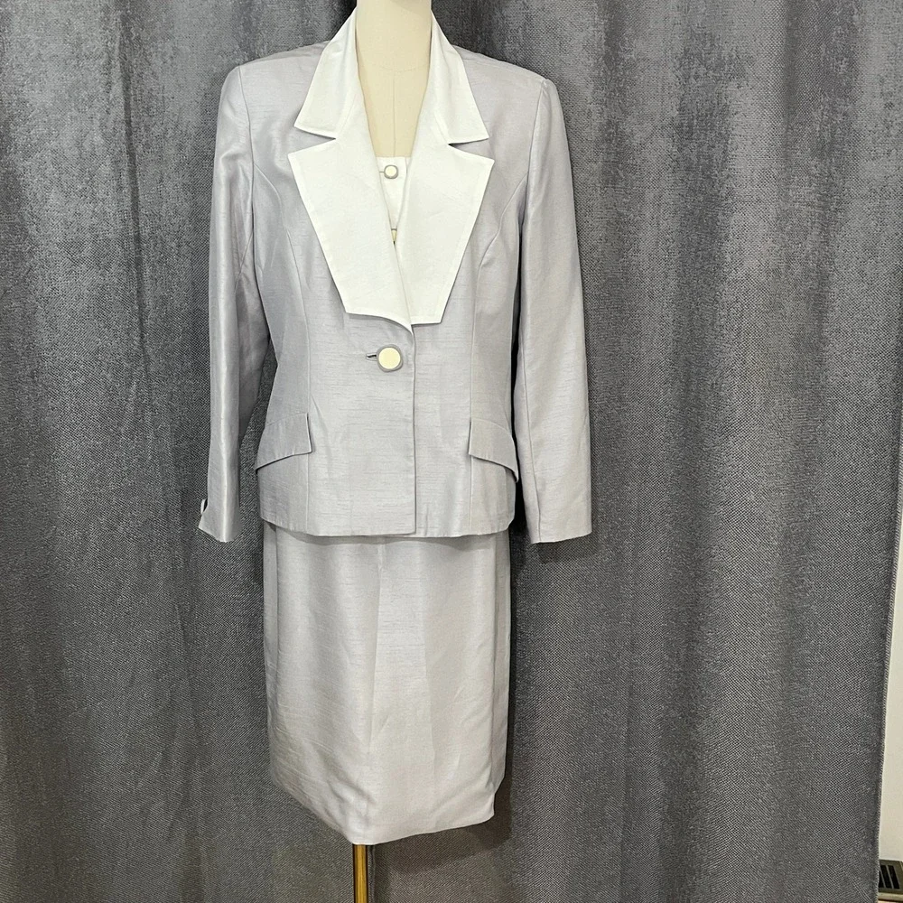 Karon Lorrance Women's Sz 10 Silver 3PC Skirt Suit‎ Set 80s Chic Mother of Bride